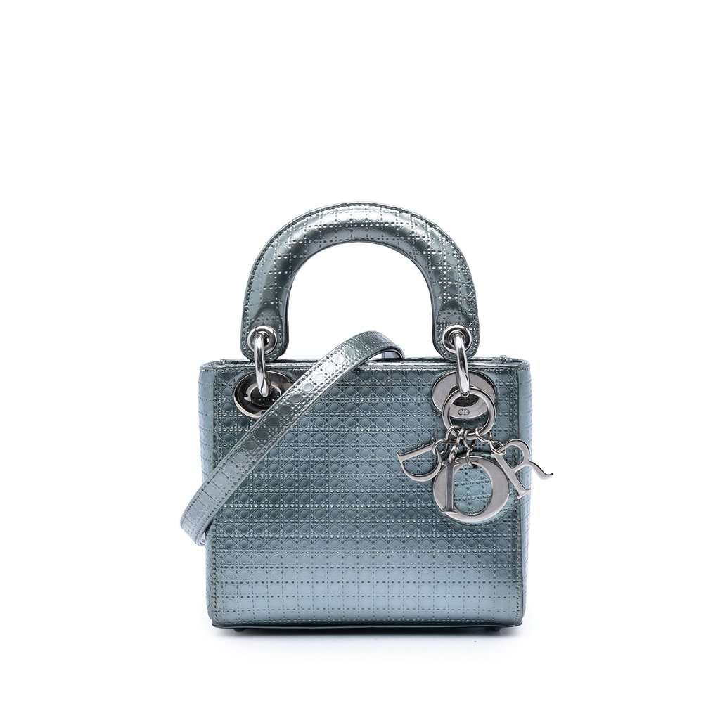 Dior Mini Metallic Patent Microcannage Lady Dior Blue Leather Very good condition - Front View
