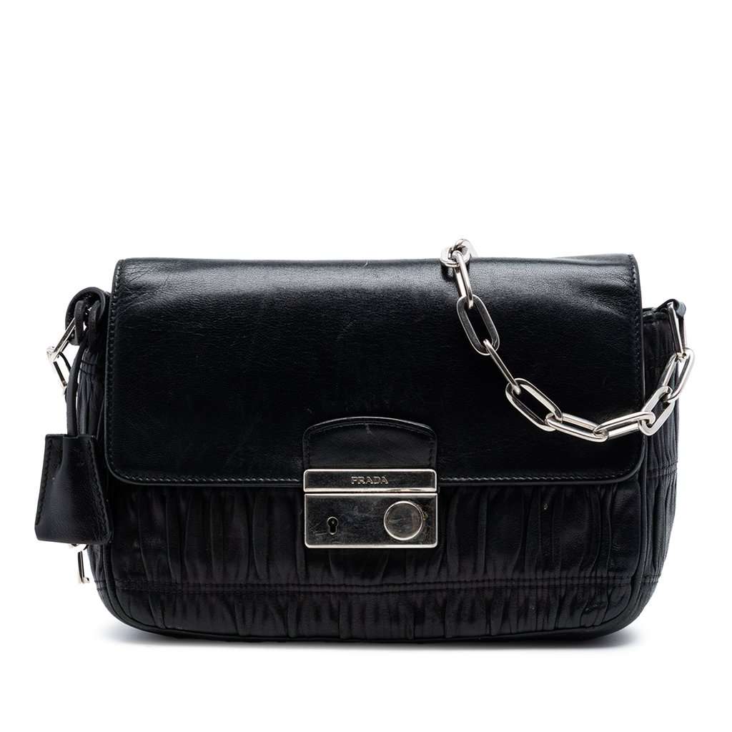 Prada Nappa Gaufre Sound Lock Shoulder Bag Black Leather Very good - Front View