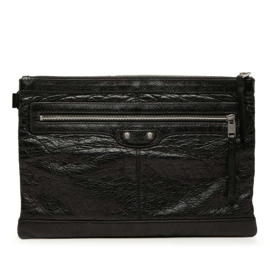 Balenciaga Lambskin Motocross Classic Clip Clutch M Black Leather Good - Front View