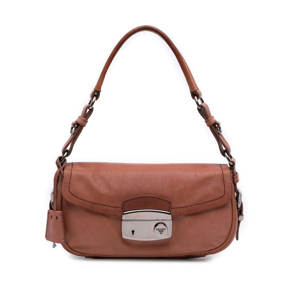 Prada Vitello Daino Sound Lock Shoulder Bag Brown Leather Good - Front View