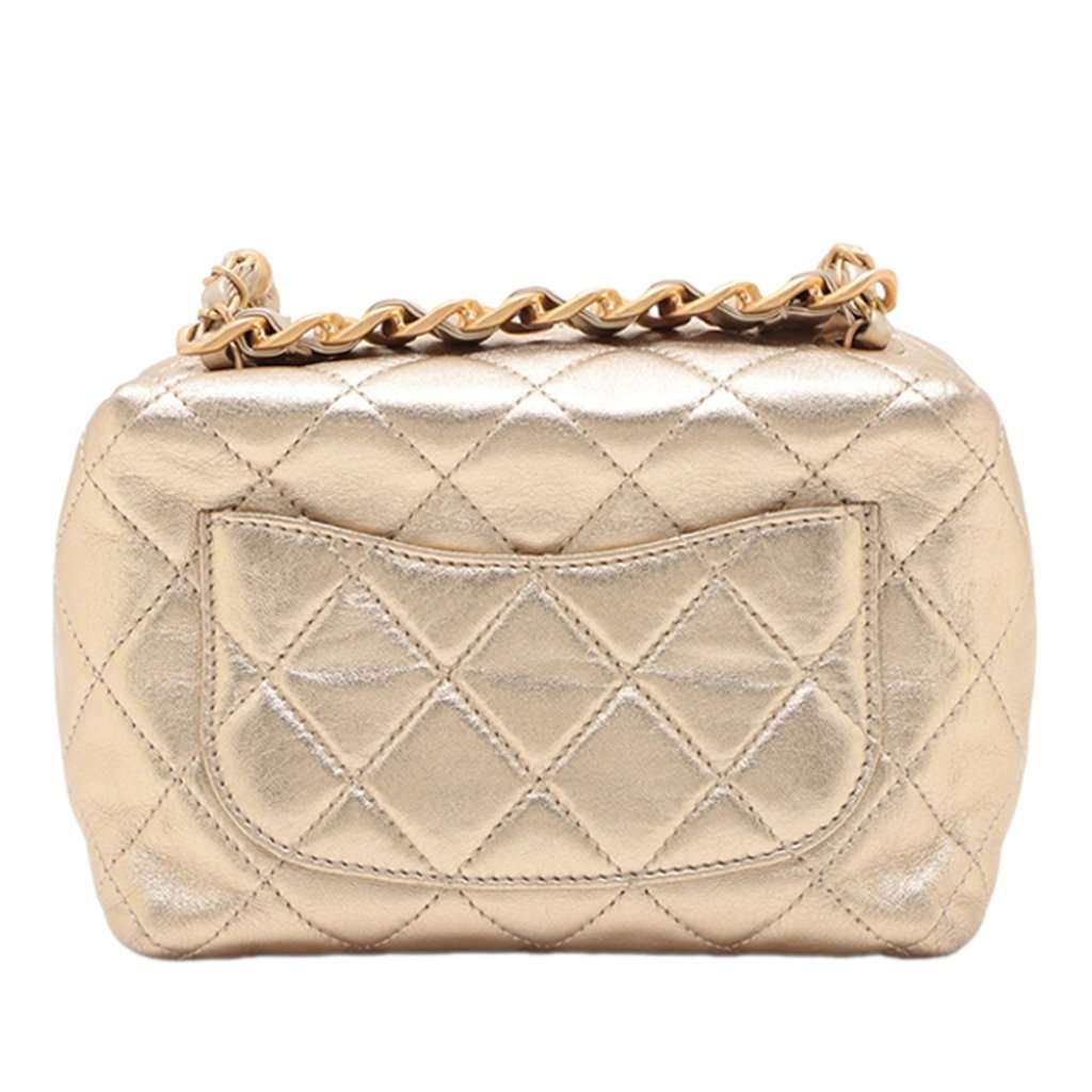 Chanel Mini CC Quilted Metallic Lambskin Bowling Bag Gold Leather Very good - Back View
