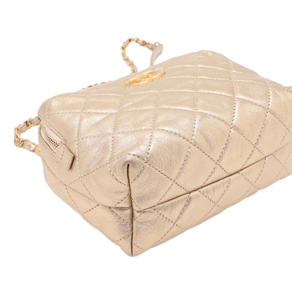 Chanel Mini CC Quilted Metallic Lambskin Bowling Bag Gold Leather Very good - Model View
