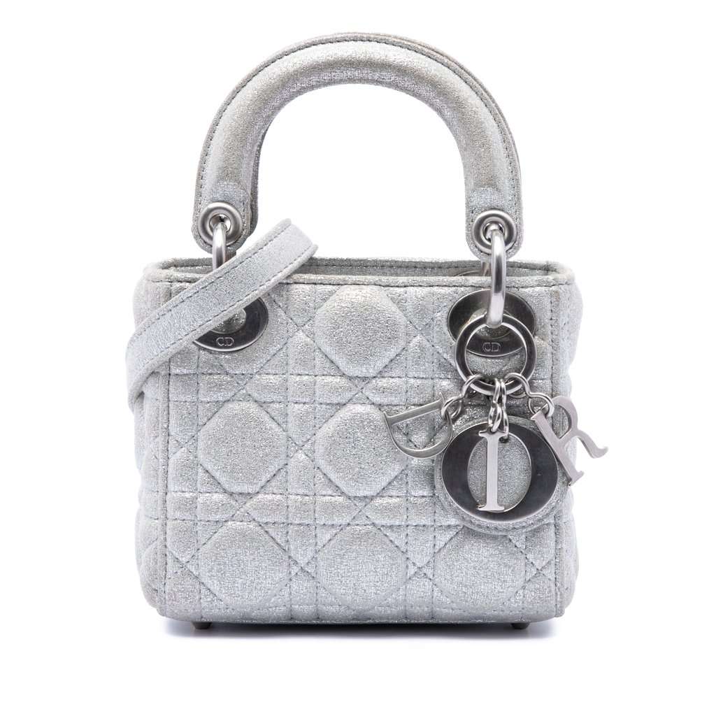 Dior Micro Metallic Calfskin Cannage Lady Dior Silver Leather Very good condition - Front View
