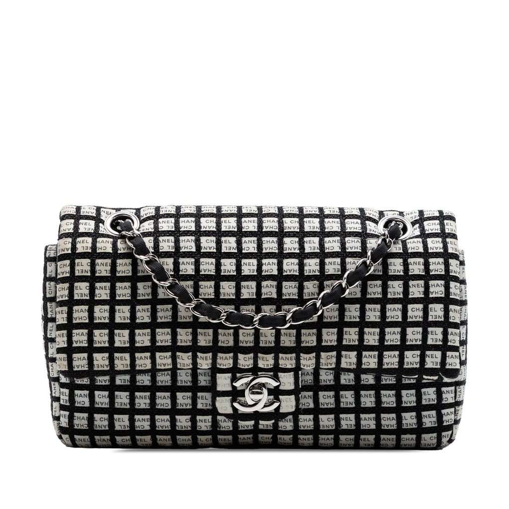 Chanel Medium Classic Tweed and Ribbon Logo Double Flap Black Very good - Front View