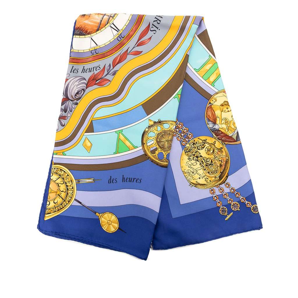 Hermès Parmi Les Fleurs Je Compte Les Heures Silk Scarf 90 Blue Very good condition - Front View