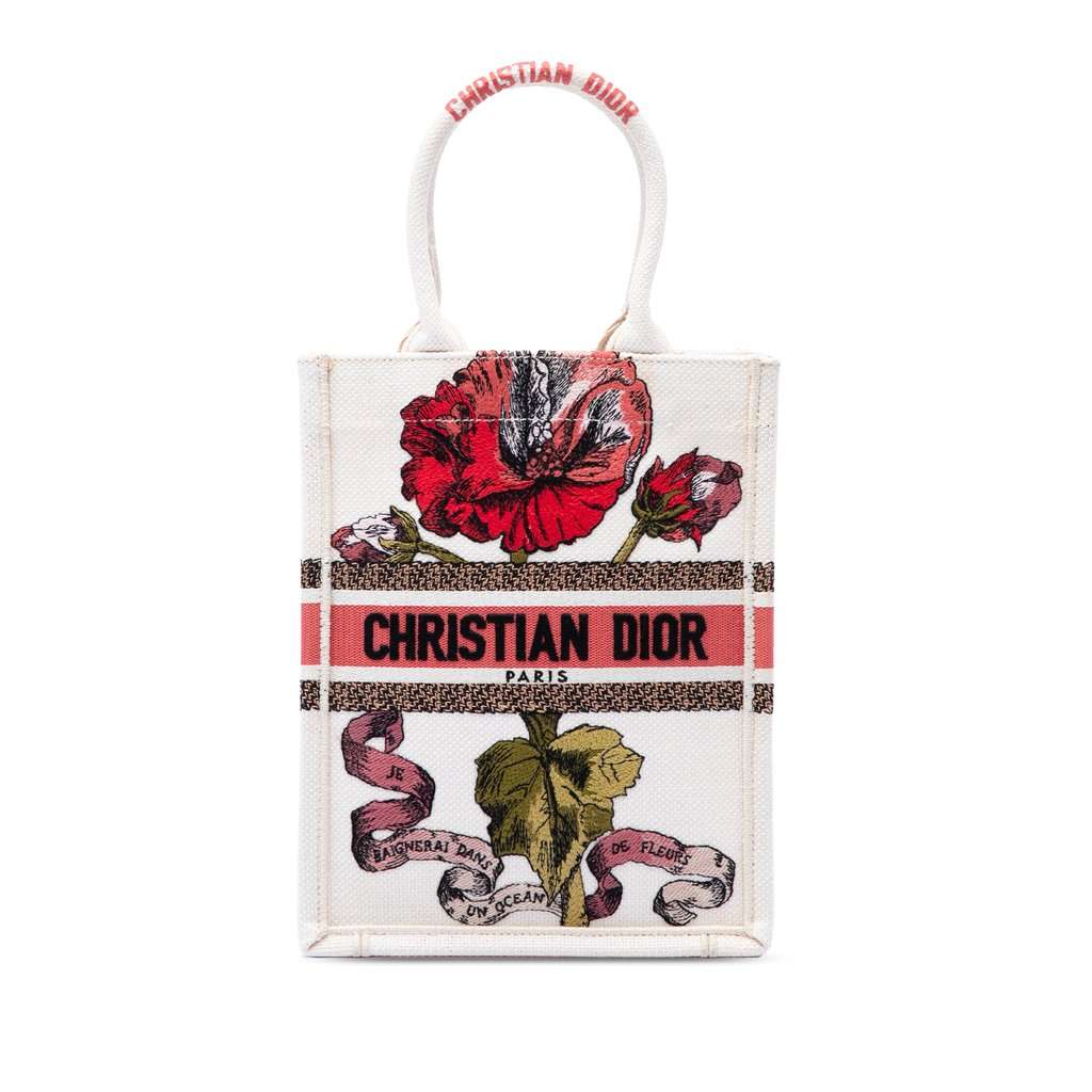 Dior Embroidered Canvas Fleurs Bibliques Vertical Book Tote Brown Very good condition - Front View