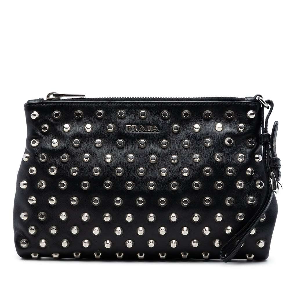 Prada Studded Leather Clutch Black Leather Very good condition - Front View