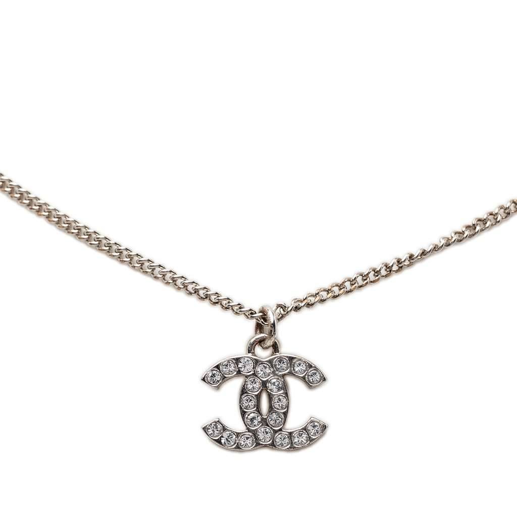 Chanel CC Brass and Strass Pendant Necklace Silver Metal Very good condition - Back View