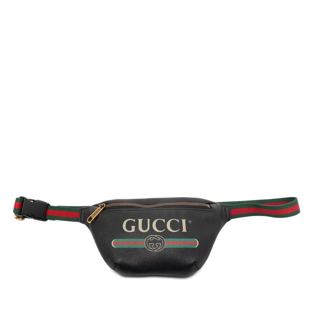 Gucci Small Grained Calfskin Web Logo Belt Bag Black Leather Very good condition - Front View