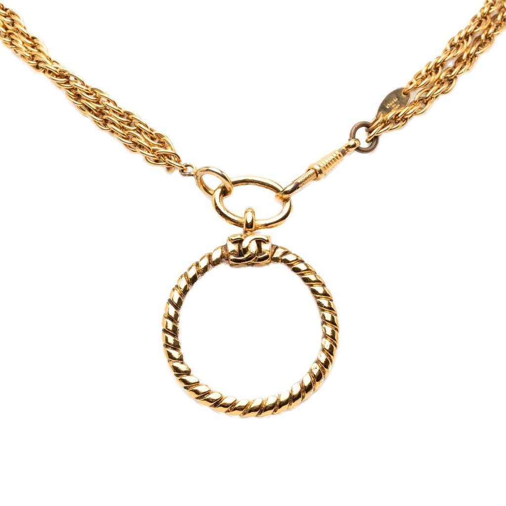 Chanel CC Gold Plated Double Chain Loupe Magnifying Glass Pendant Necklace Gold Metal Very good - Front View