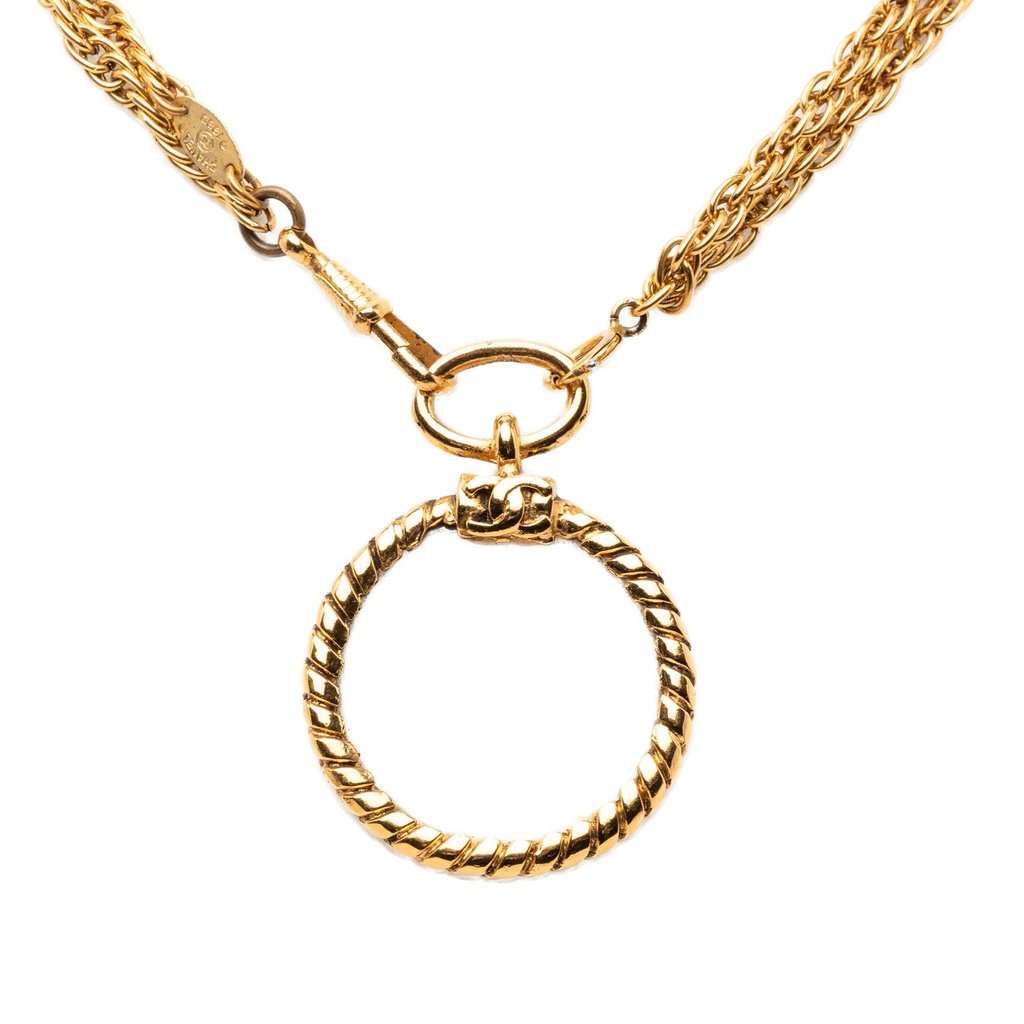 Chanel CC Gold Plated Double Chain Loupe Magnifying Glass Pendant Necklace Gold Metal Very good - Back View