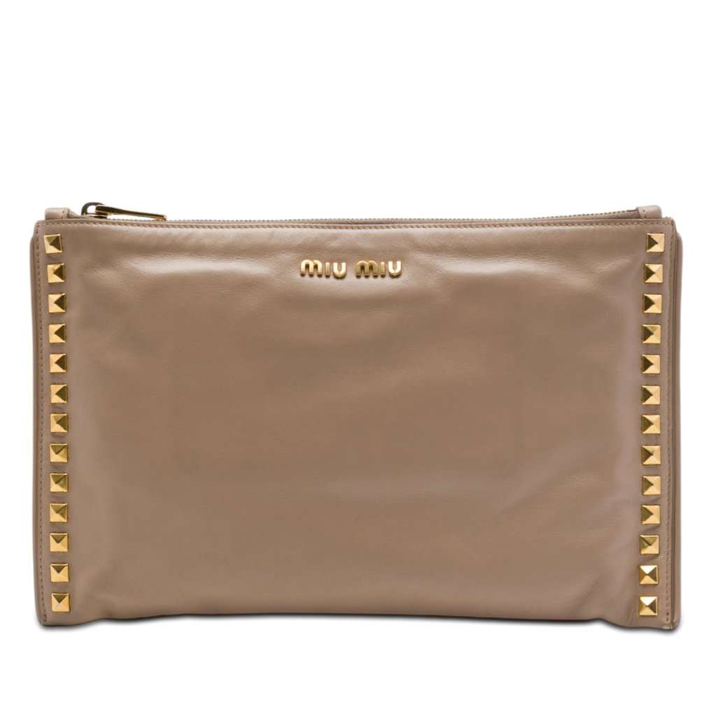 Miu Miu Studded Leather Zip Clutch Beige Leather Very good - Front View