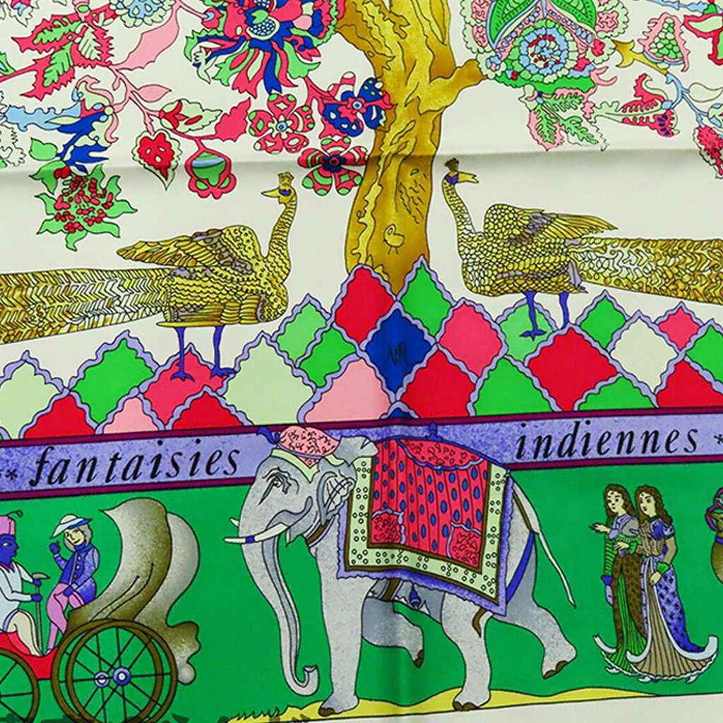 Hermès Fantaisies Indiennes Silk Scarf 90 Green Very good - Inside View