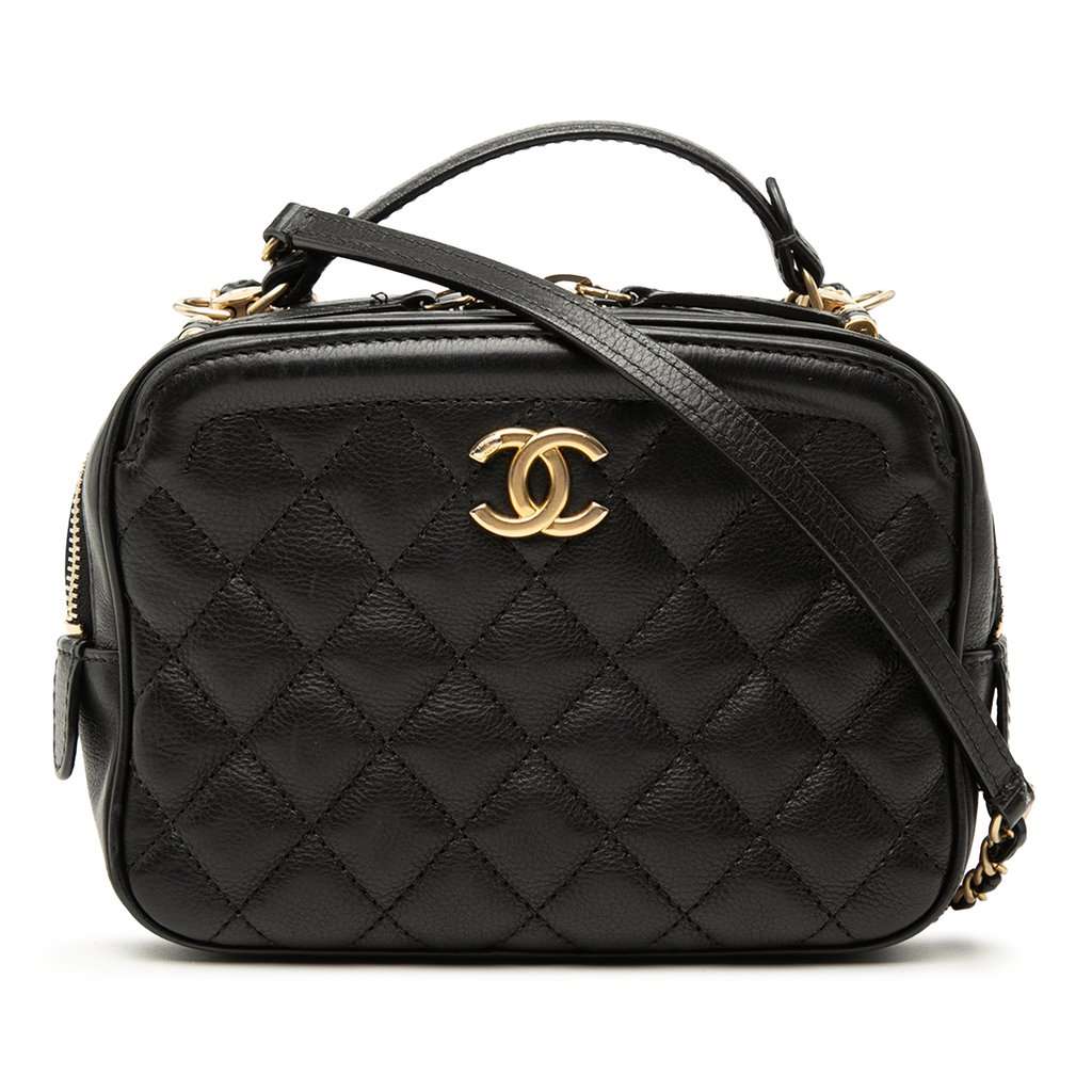 Chanel Small CC Quilted Lambskin Top Handle Vanity Case with Chain Black Leather Very good condition - Front View