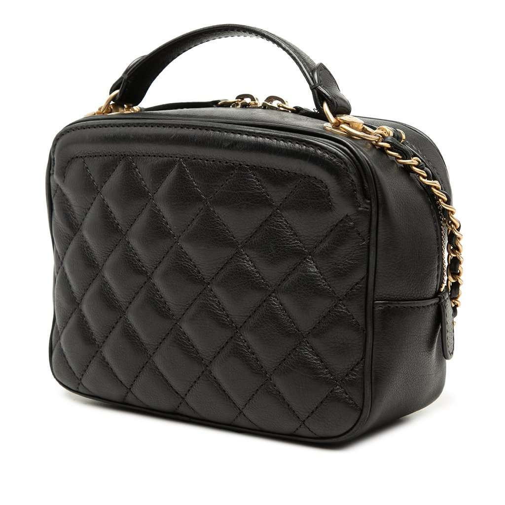 Chanel Small CC Quilted Lambskin Top Handle Vanity Case with Chain Black Leather Very good condition - Back View