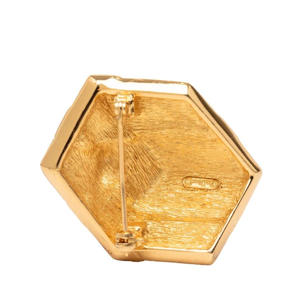 Dior Gold Plated Strass Hexagonal Gift Box Brooch Gold Metal Very good - Back View