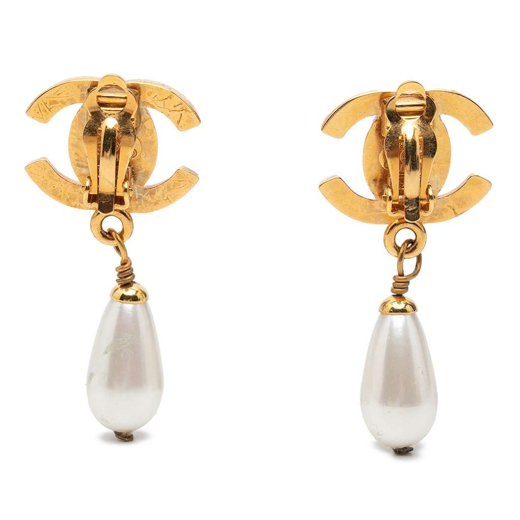 Chanel CC Gold Plated Faux Pearl Drop Turn Lock Clip On Earrings Gold Metal Very good condition - Back View