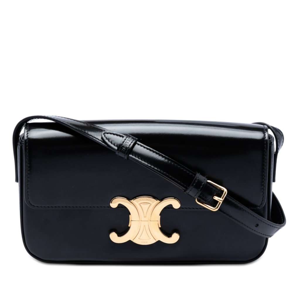 Celine Shiny Calfskin Triomphe Claude Shoulder Bag Black Leather Very good condition - Front View