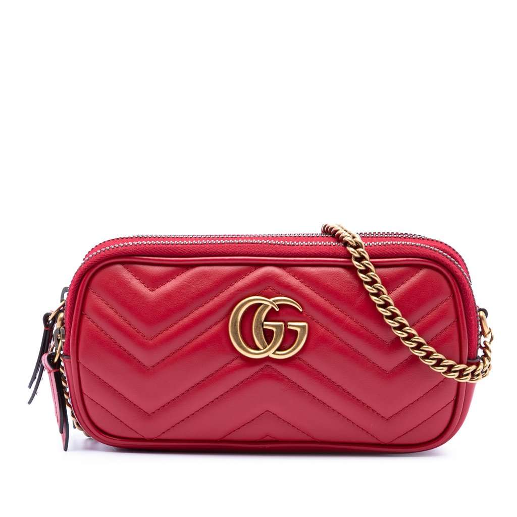 Gucci Mini Calfskin GG Marmont Triple Zip Crossbody Red Leather Very good - Front View