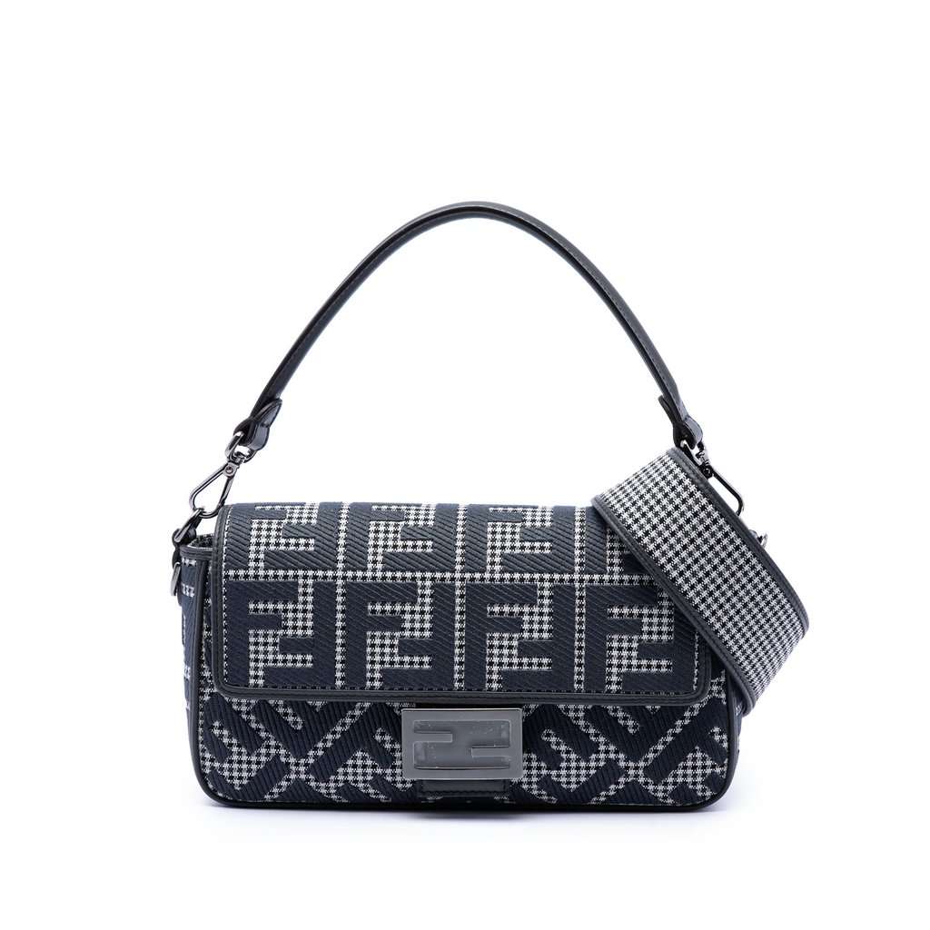 Fendi FF Embroidered Wool Houndstooth Baguette Satchel MultiColor Very good - Front View