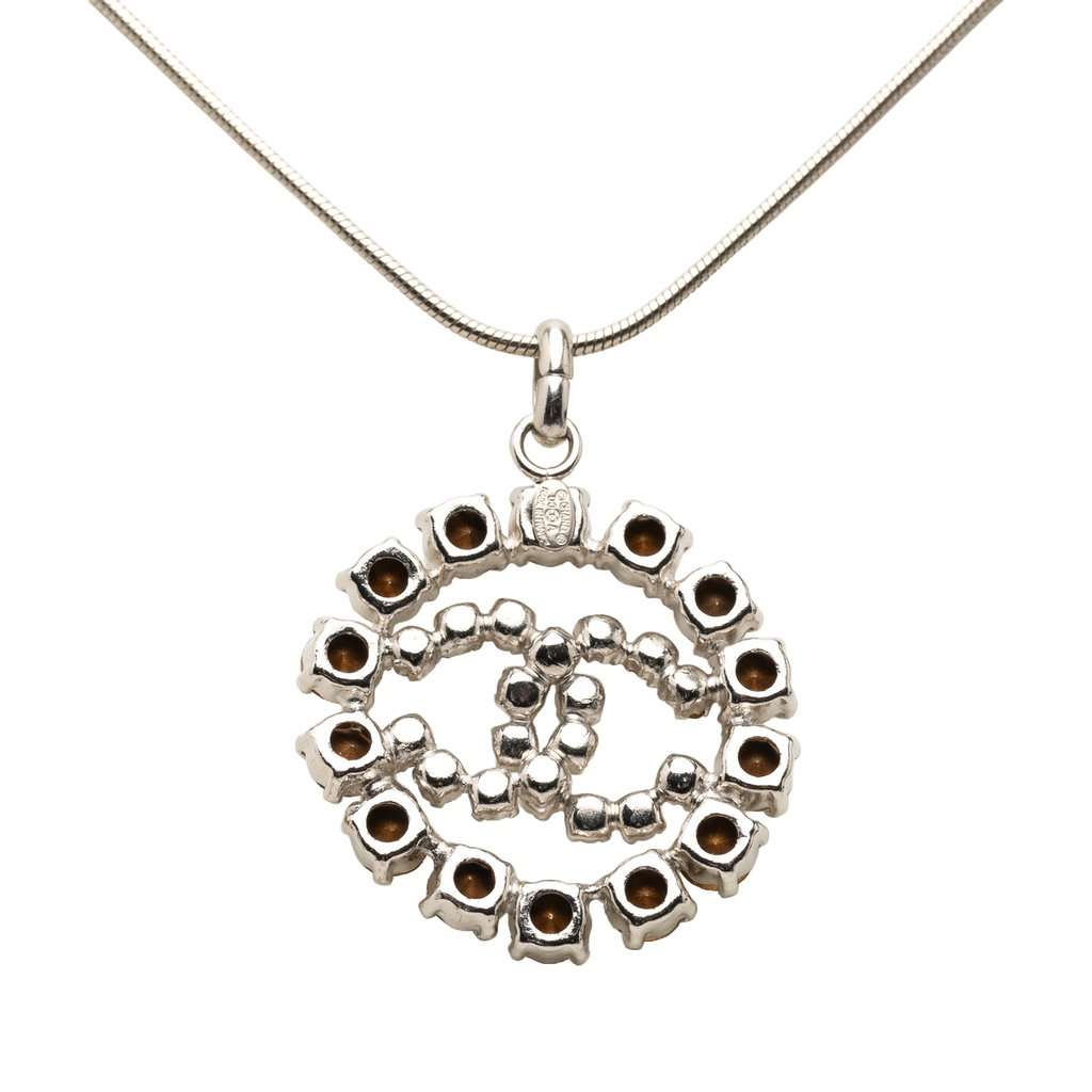 Chanel CC Brass Strass Pendant Necklace Silver Metal Very good condition - Back View