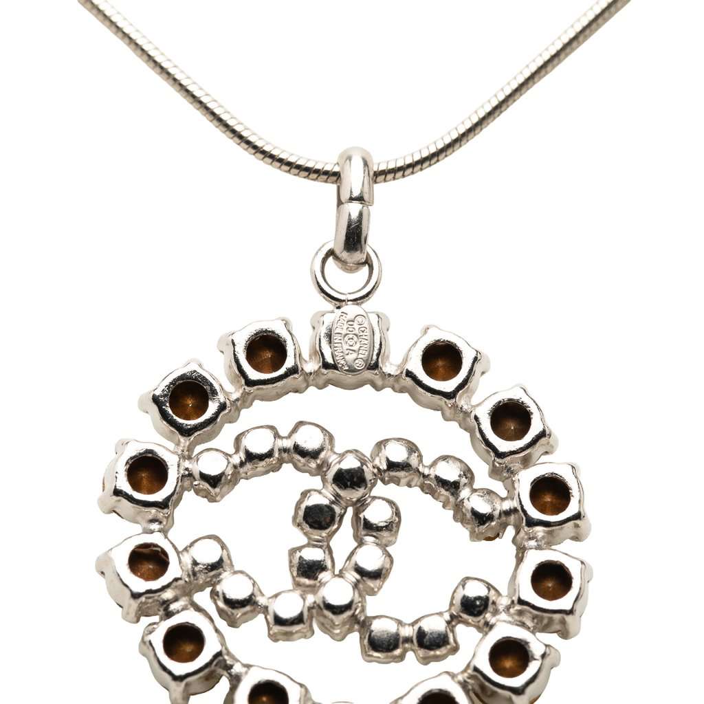 Chanel CC Brass Strass Pendant Necklace Silver Metal Very good condition - Inside View