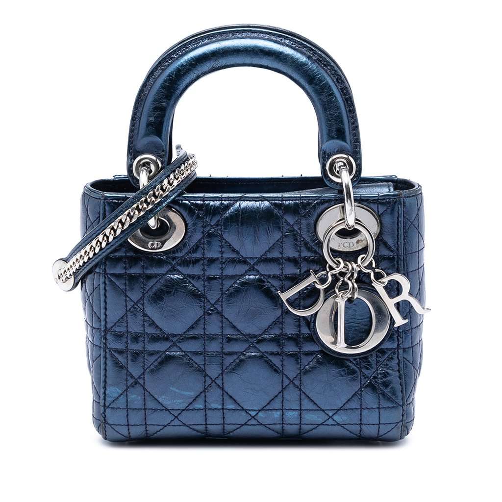 Dior Mini Metallic Crinkled Lambskin Cannage Lady Dior Blue Leather Very good condition - Front View