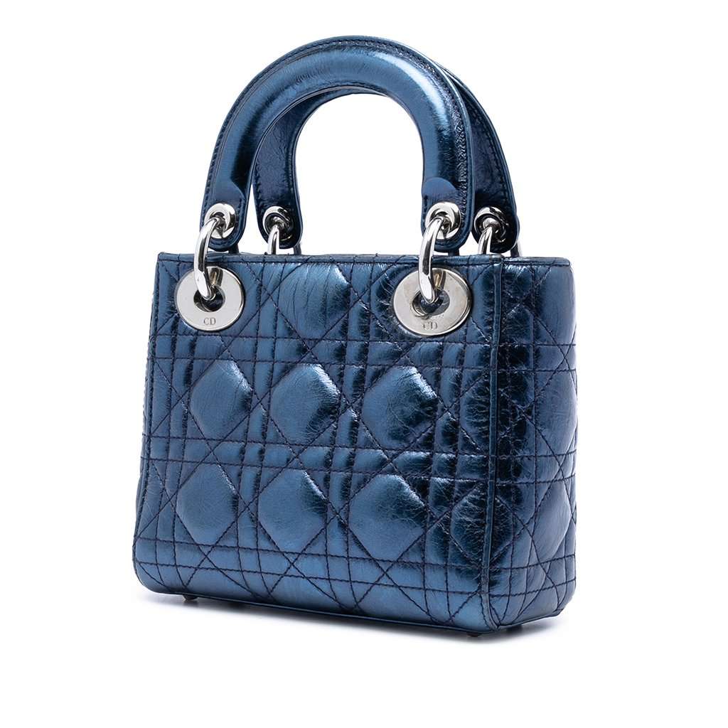 Dior Mini Metallic Crinkled Lambskin Cannage Lady Dior Blue Leather Very good condition - Back View