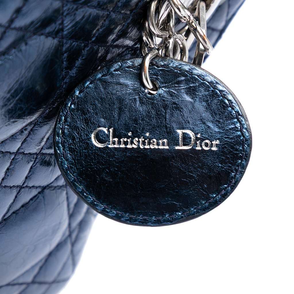 Dior Mini Metallic Crinkled Lambskin Cannage Lady Dior Blue Leather Very good condition - Box View