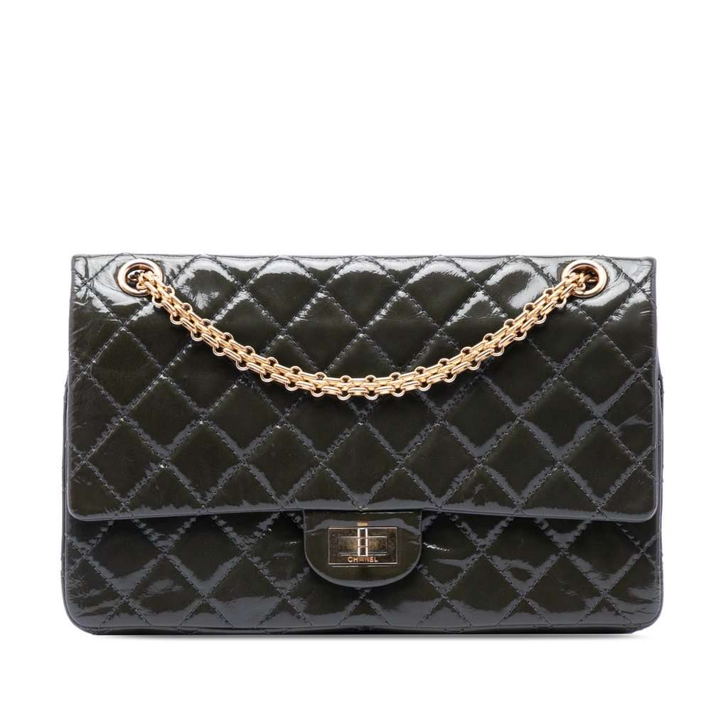 Chanel Quilted Patent Reissue 2.55 Double Flap 226 Green Leather Very good condition - Front View