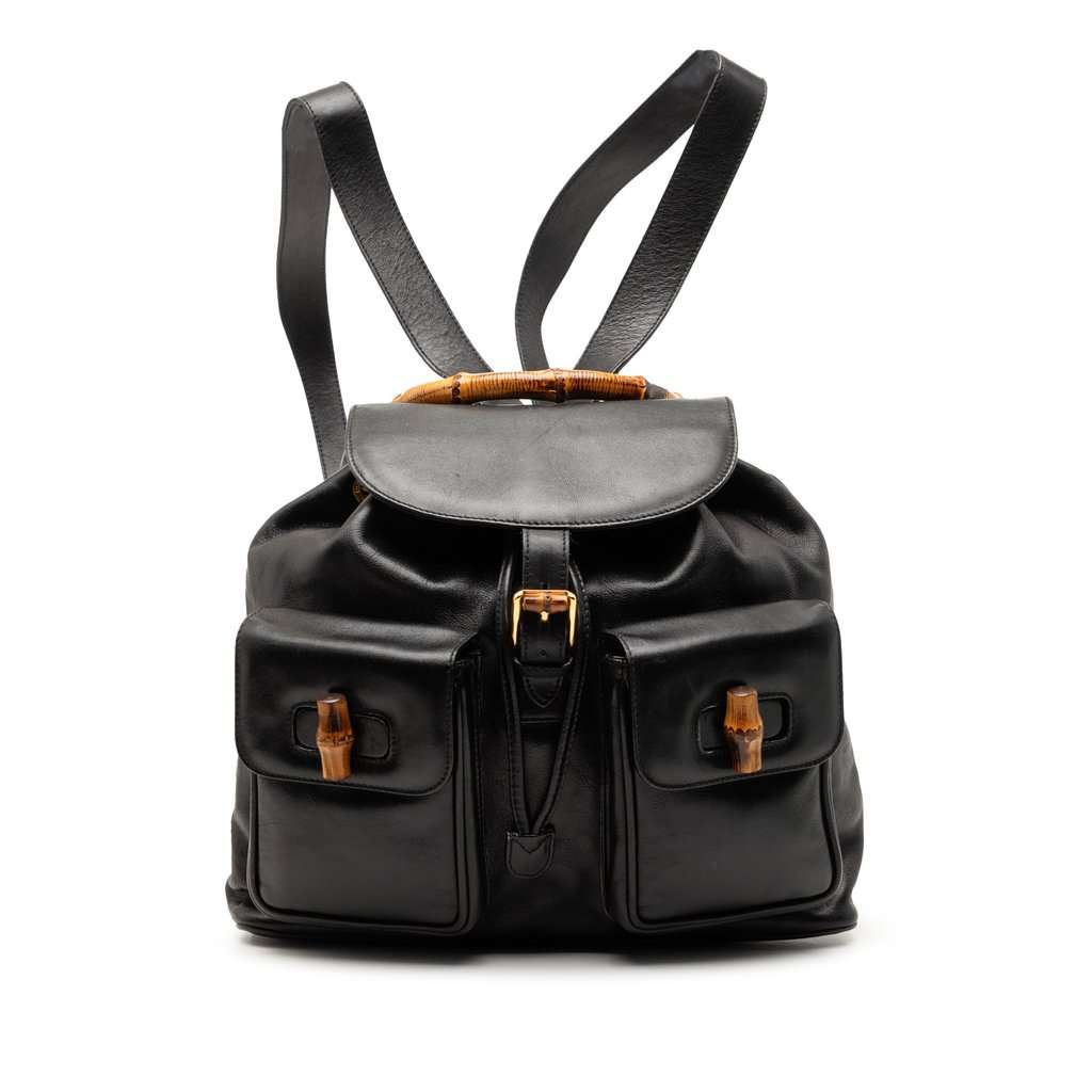 Gucci Calfskin Bamboo Drawstring Backpack Black Leather Good condition - Front View