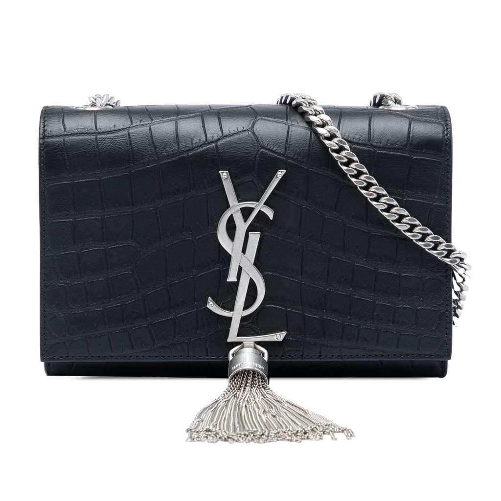 Saint Laurent Small Croc Embossed Leather Monogram Kate Tassel Crossbody Black Leather Very good condition - Front View
