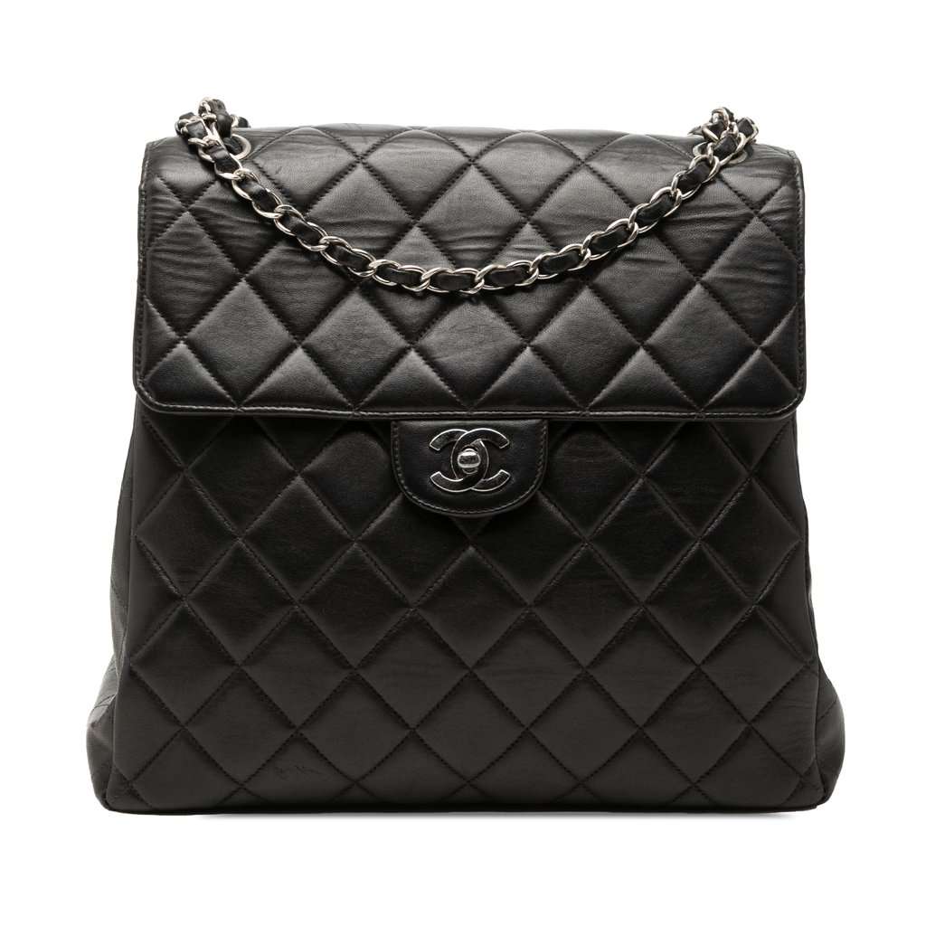 Chanel CC Quilted Lambskin Shoulder Bag Black Leather Good - Front View
