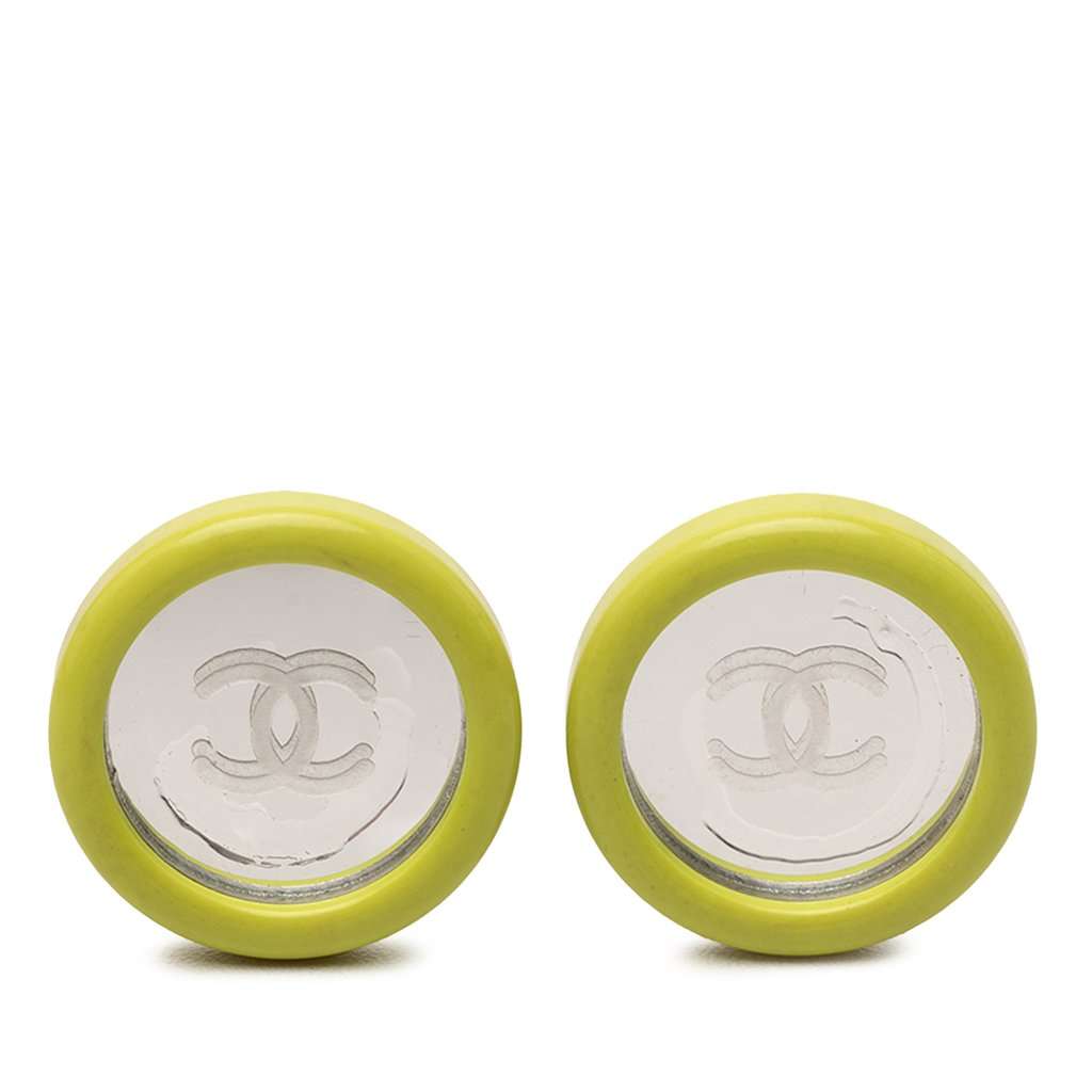 Chanel CC Resin Round Mirror Clip On Earrings Green Plastic Very good condition - Front View