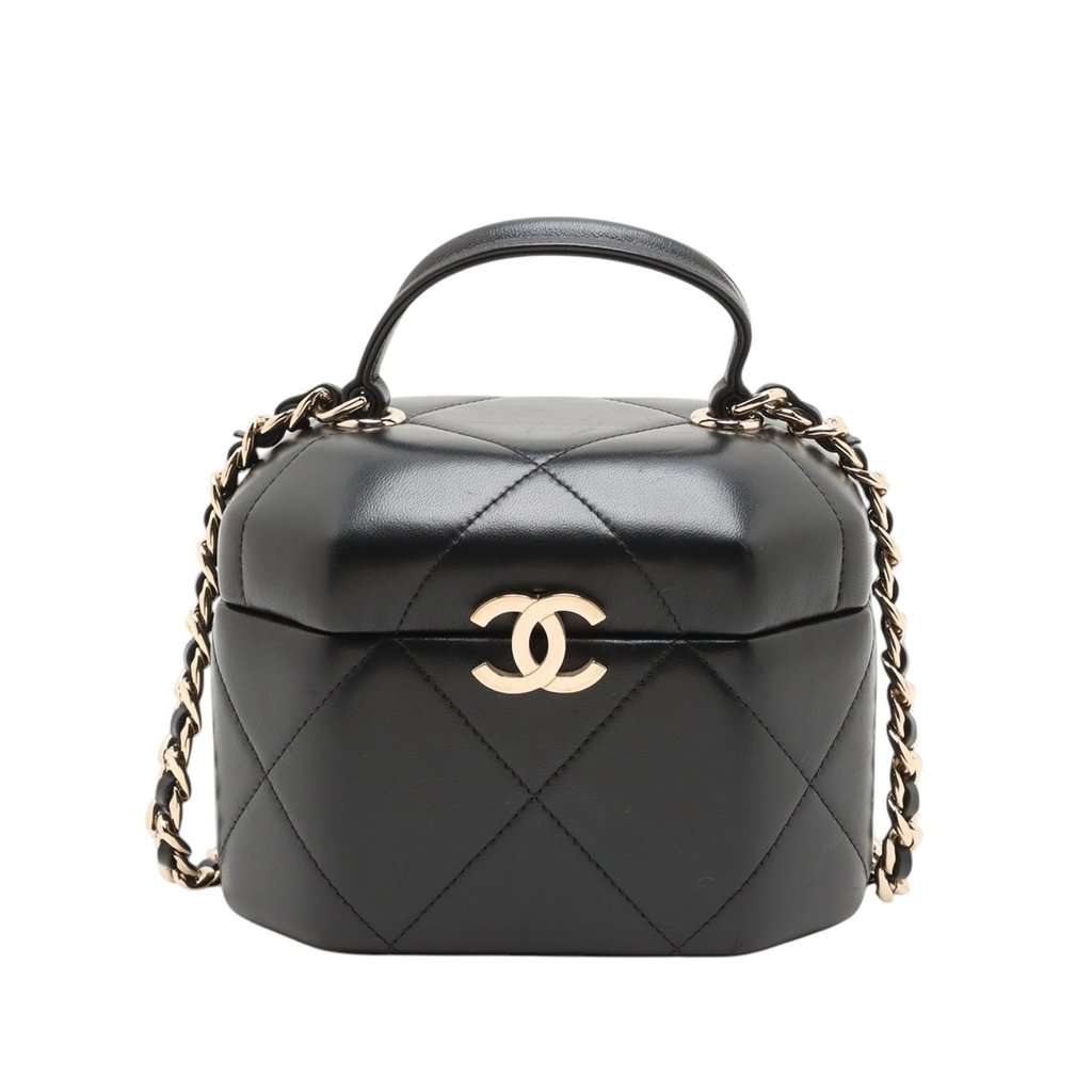 Chanel CC Quilted Lambskin Hexagon Top Handle Vanity Case Black Leather Very good condition - Front View