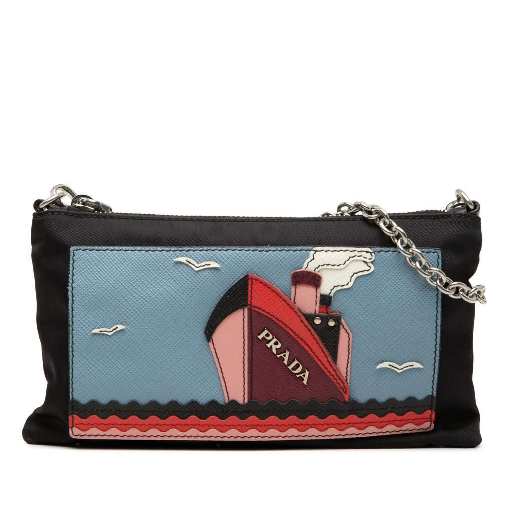 Prada Tessuto and Saffiano Ship Chain Pochette Black Very good - Front View