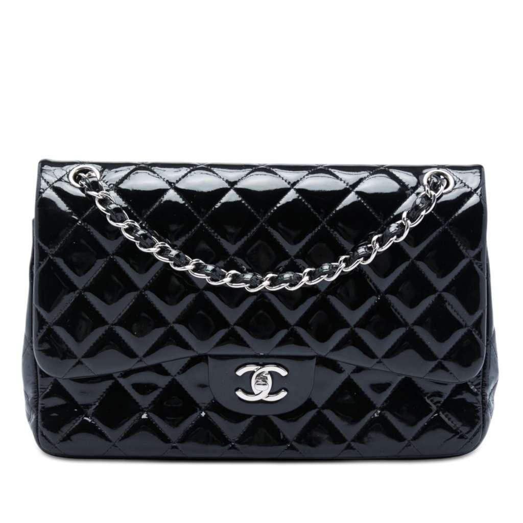 Chanel Jumbo Classic Patent Double Flap Black Leather Very good condition - Front View