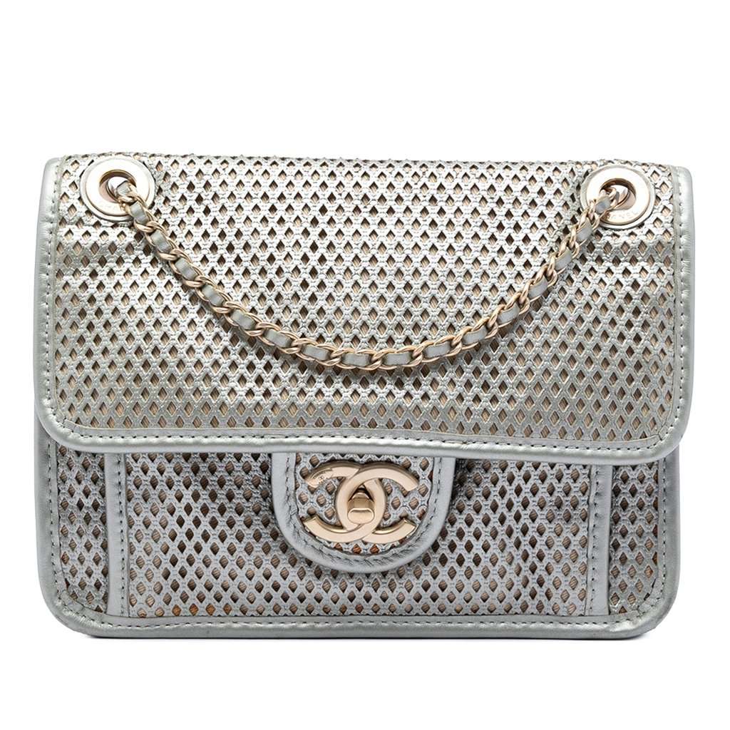 Chanel Small Perforated Calfskin Up In The Air Flap Silver Leather Very good condition - Front View