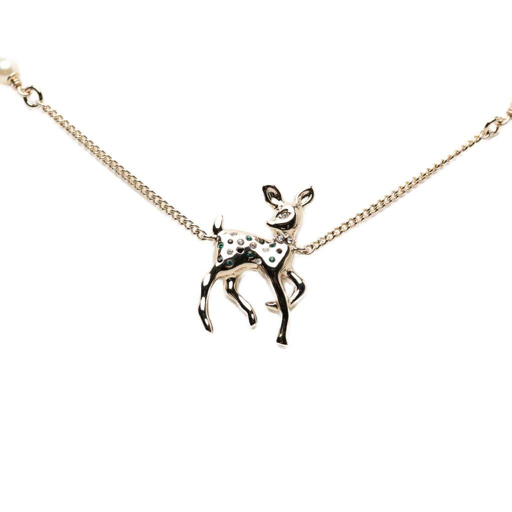 Chanel CC Gold Plated Faux Pearl and Strass Deer Pendant Necklace Gold Metal Very good condition - Front View