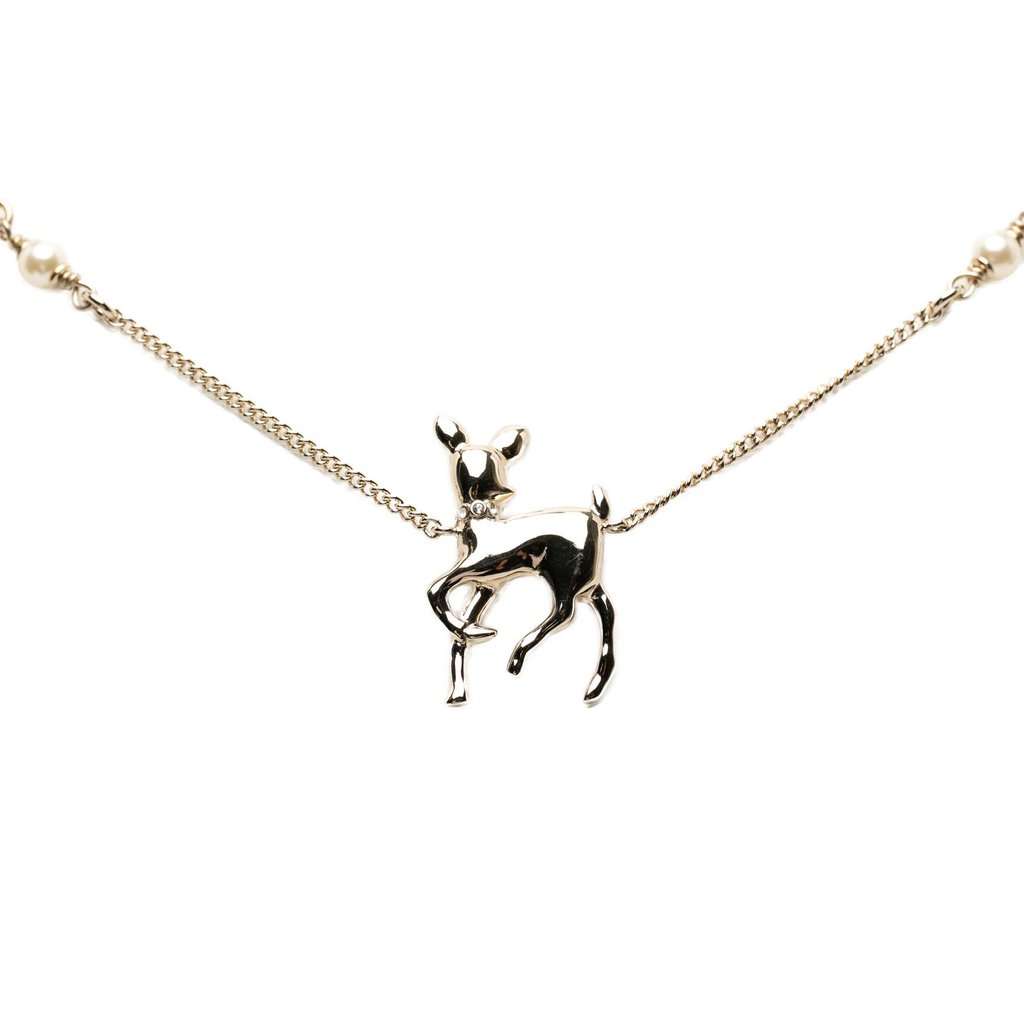 Chanel CC Gold Plated Faux Pearl and Strass Deer Pendant Necklace Gold Metal Very good condition - Back View