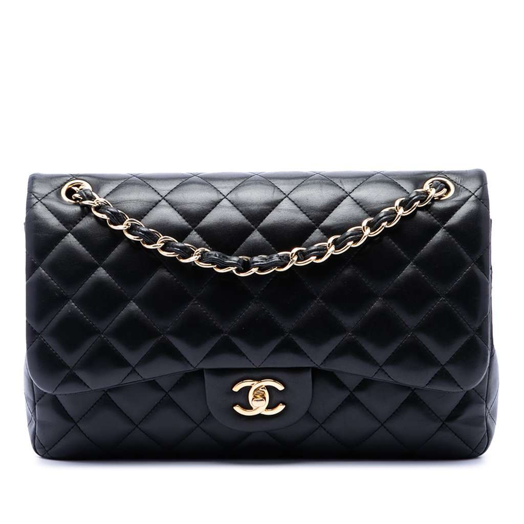 Chanel Jumbo Classic Lambskin Double Flap Black Leather Very good condition - Front View
