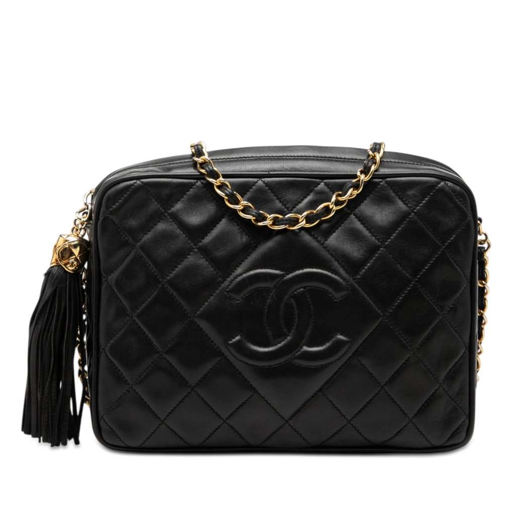 Chanel CC Quilted Lambskin Tassel Camera Bag Black Leather Very good condition - Front View