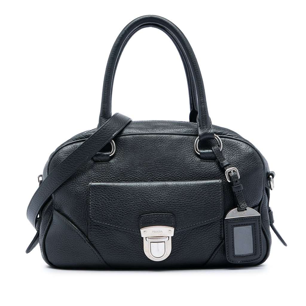 Prada Vitello Daino Front Pocket Boston Bag Black Leather Good - Front View