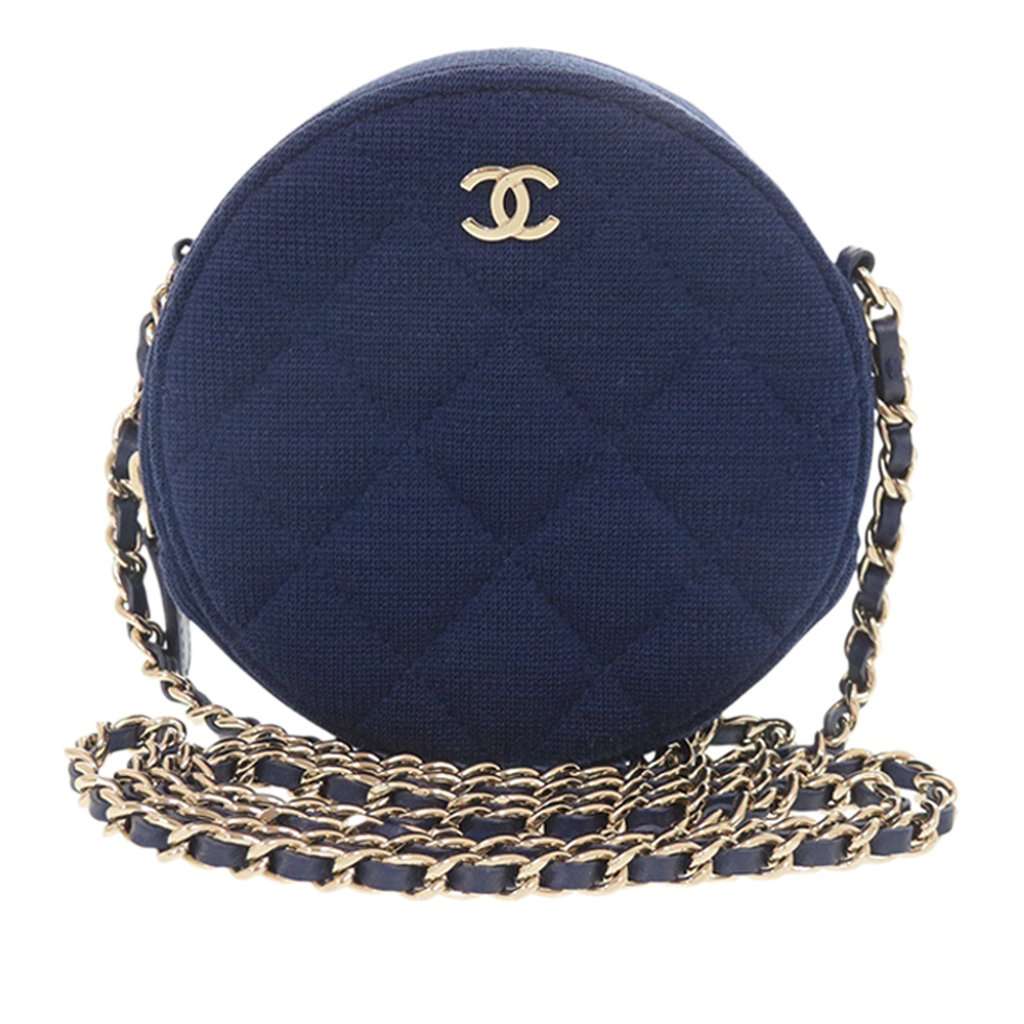 Chanel CC Quilted Jersey Round Clutch with Chain Blue Very good - Front View