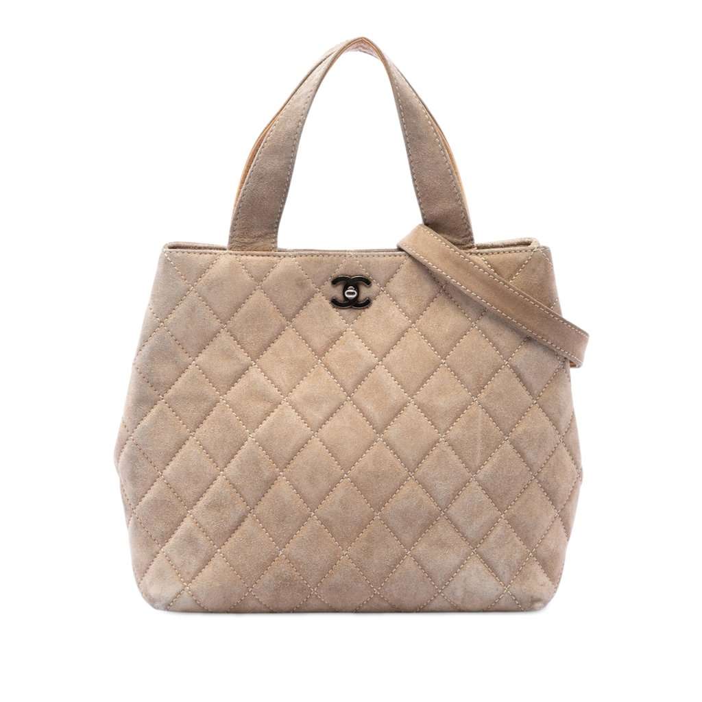 Chanel CC Quilted Suede Turnlock Satchel Beige Leather Good condition - Front View