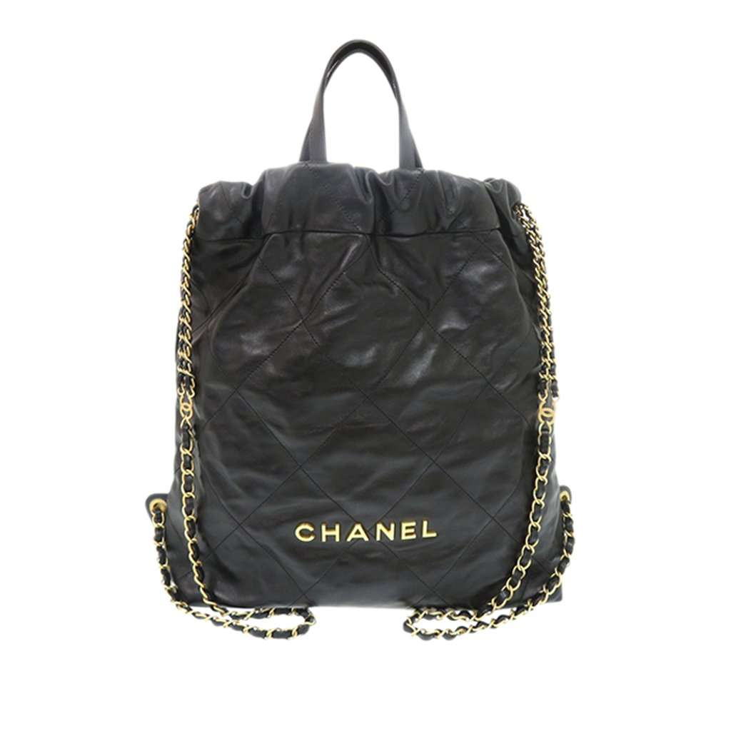 Chanel Large Quilted Shiny Calfskin 22 Backpack Black Leather Very good - Front View