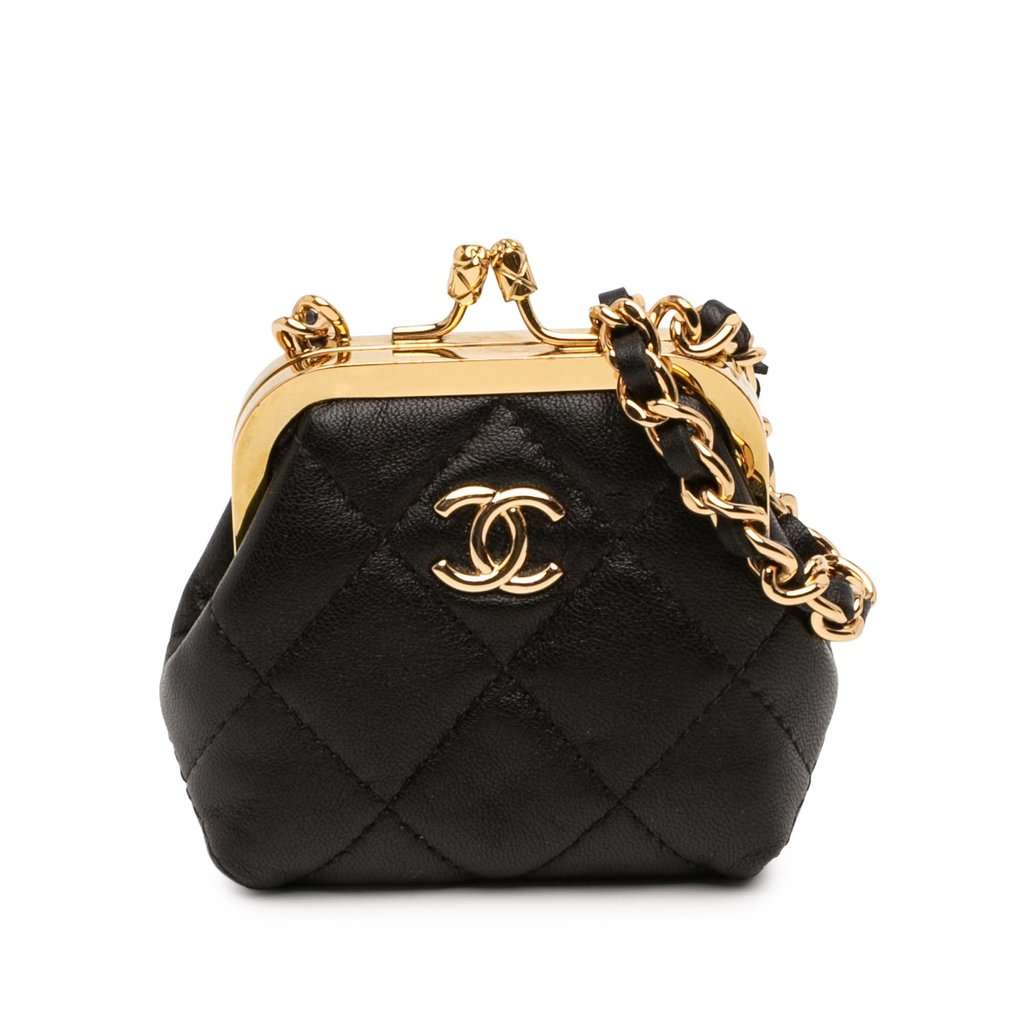 Chanel CC Quilted Lambskin Kiss Lock Clutch with Chain Black Leather Very good - Front View