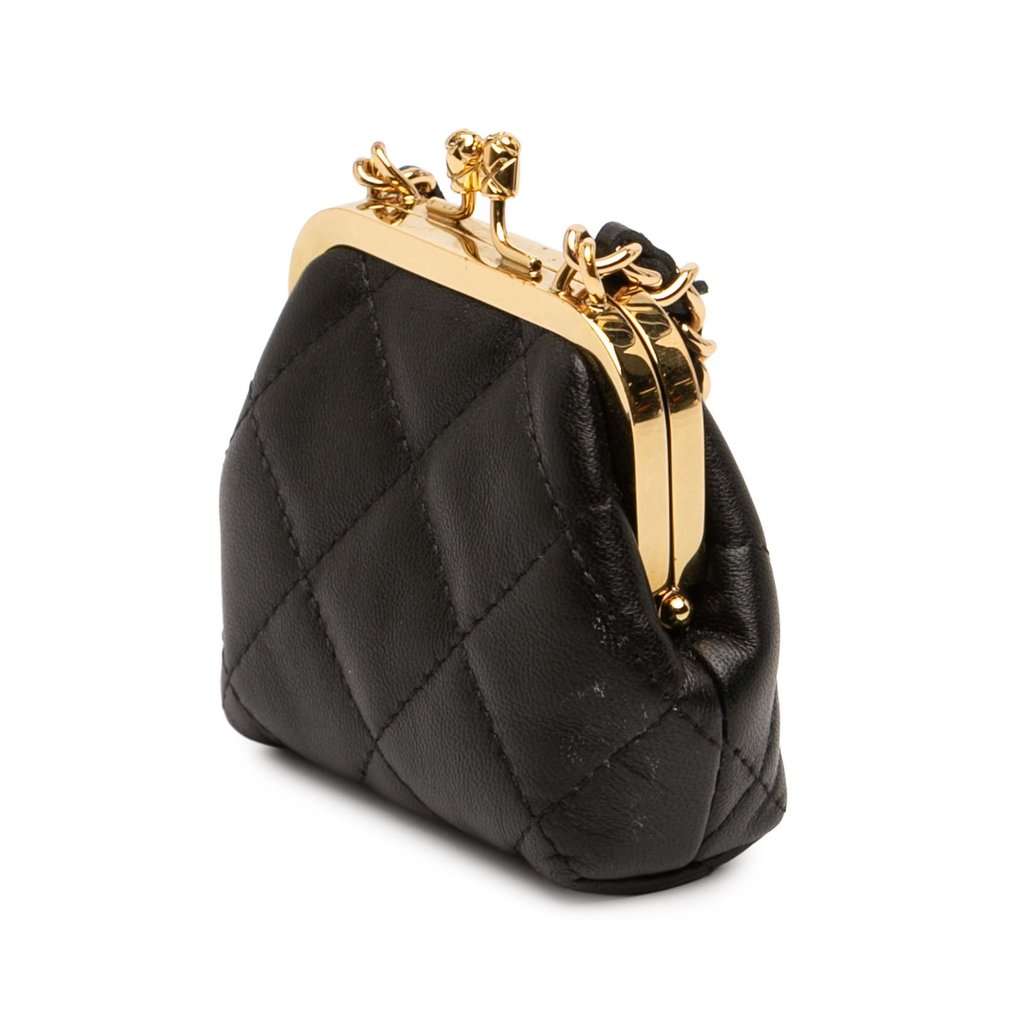 Chanel CC Quilted Lambskin Kiss Lock Clutch with Chain Black Leather Very good - Back View