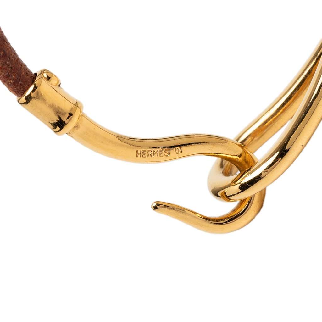 Hermès Gold Plated and Leather Jumbo Hook Bracelet Brown Leather Very good condition - Model View