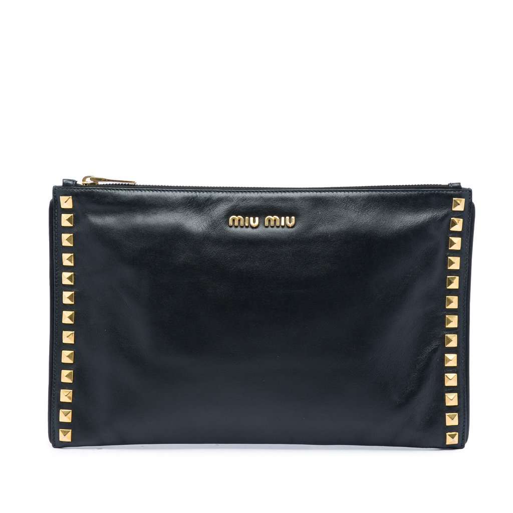 Miu Miu Studded Leather Zip Clutch Black Leather Very good - Front View